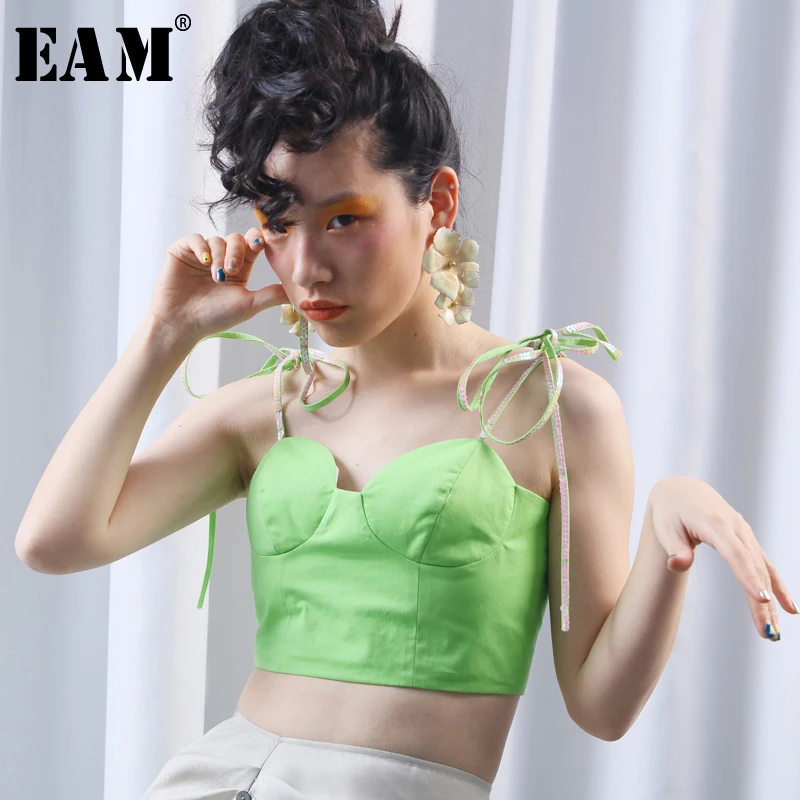 

[EAM] 2019 New Spring Summer V-collar Sleeveless Green Bandage Sequins Split Joint Personality Tank Tops Women Fashion JU527