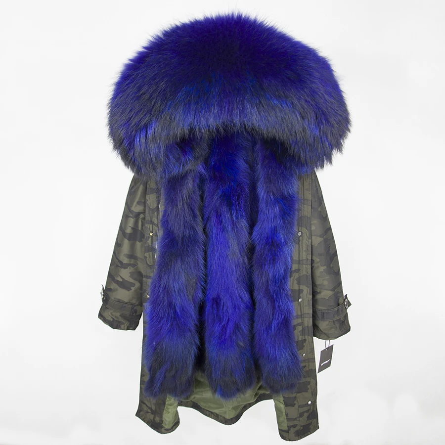 OFTBUY, зимняя женская куртка, пальто с натуральным мехом, удлиненная Камуфляжная парка, воротник из натурального меха енота, капюшон с мехом лисы внутри, уличная одежда - Цвет: green camouflage