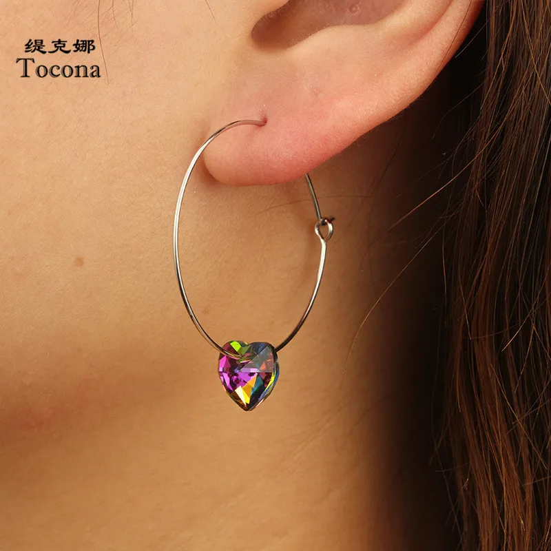 

Tocona Vintage Colorful Crystal Hoop Earrings Silver Circle Metal Earring Brincos for Women Statement Jewelry 6406