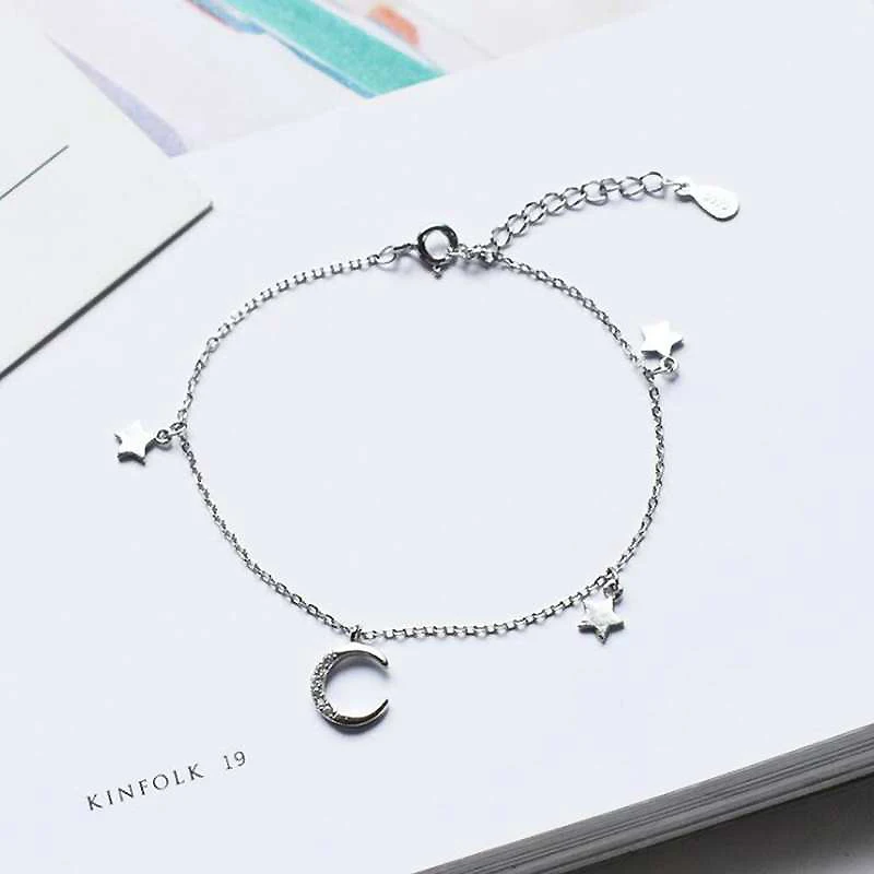 Cubic Zircon Moon Stars White Gold Pure 925 Sterling Silver Link Chain Bracelets For Women Ladies S925 Fine Jewelry Ybr056