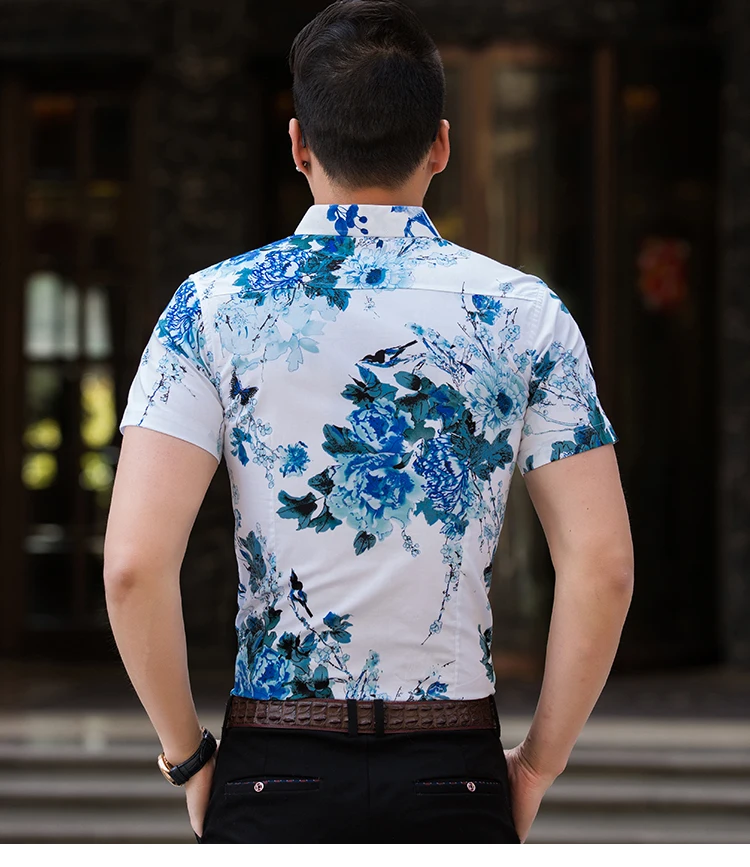 2019 Новый Стиль Мода футболка с коротким рукавом Мужская одежда Цветочный принт эластичные Повседневное Masculino летняя рубашка плюс Размеры