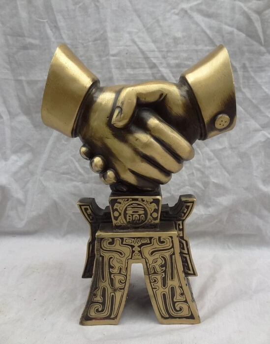

10" Chinese Bronze win win Cooperate Success 2 Shake Hands Clasp Hand Statue
