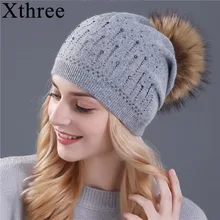 Xthree зимняя женская шапка из кроличьего меха, шерстяные вязаные шапочки из натурального меха норки и лисы, помпоны, шапка Skullies, женская шапка