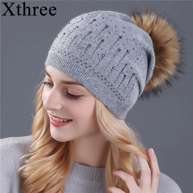 

Xthree winter hat for women Rabbit fur wool knitted hat beanies real mink and fox fur pom poms Skullies hat girls hat feminino
