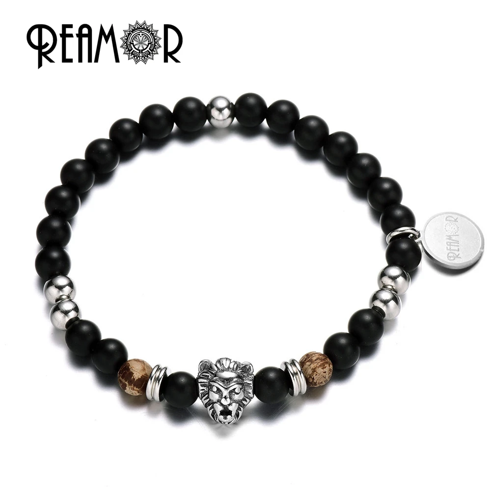 

REAMOR 316L Stainless Steel Male Lion Bracelet with Natural Black Matte Onyx&Fire Fossil Stones Strand Stretch Men Bracelets