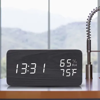 

LED Time Humidity Display Wooden Alarm Clock Electronic Clocks Desk Digital LED Alarm Clock Sound Voice Control Light Digital