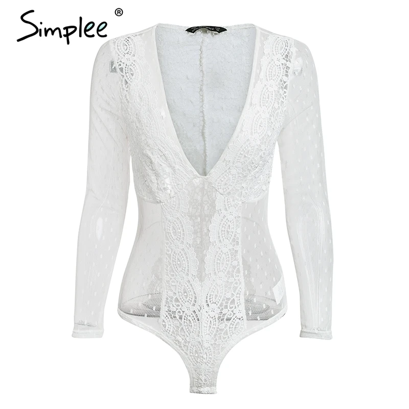 Simplee V neck skinny sexy lace bodysuit Mesh transparent white bodysuit women Long sleeve summer beach romper overalls 2018 Simplee V neck skinny sexy lace bodysuit Mesh transparent white bodysuit women Long sleeve summer beach romper overalls 2018