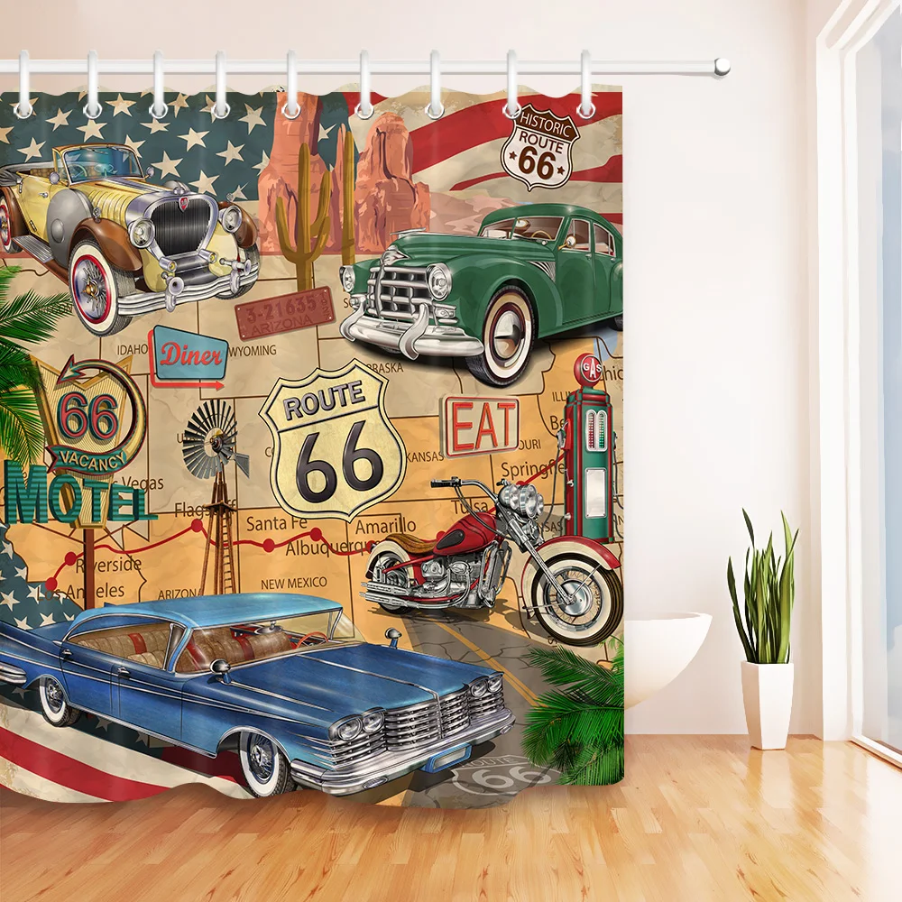 LB Retro Trip Car Motorcycle Historic Shower Curtain Route 66 Liner