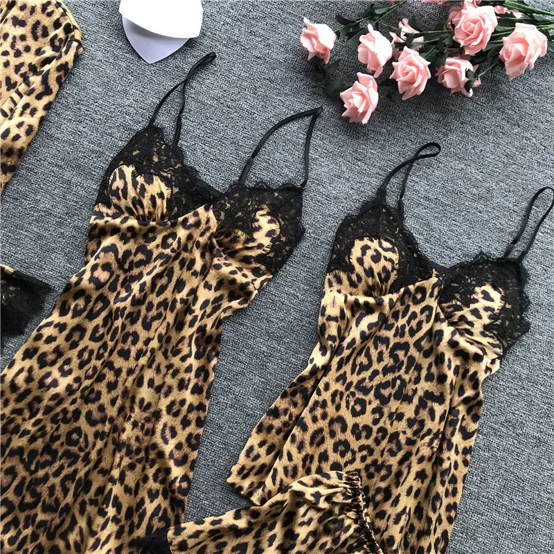 SAPJON, пижамы с леопардовым принтом для женщин, кружевное сексуальное женское белье, шелковые пижамные комплекты, женская летняя Пижама