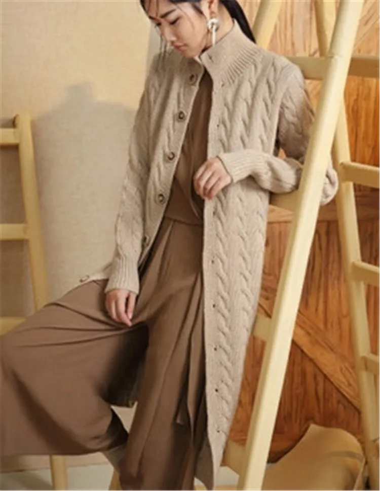  new arrival 100%hand made pure wool knit women streetwear turtleneck solid single breasted long car