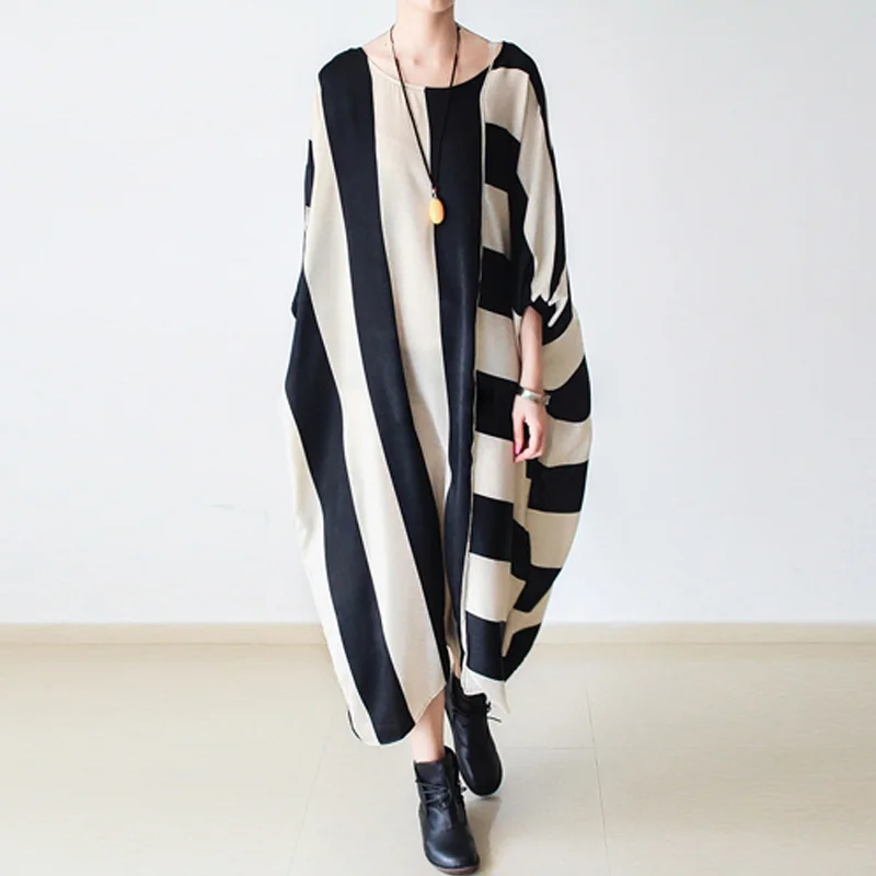 Johnature-2023-Summer-New-Women-Stripe-Dress-Loose-Batwing-Long-Dress ...