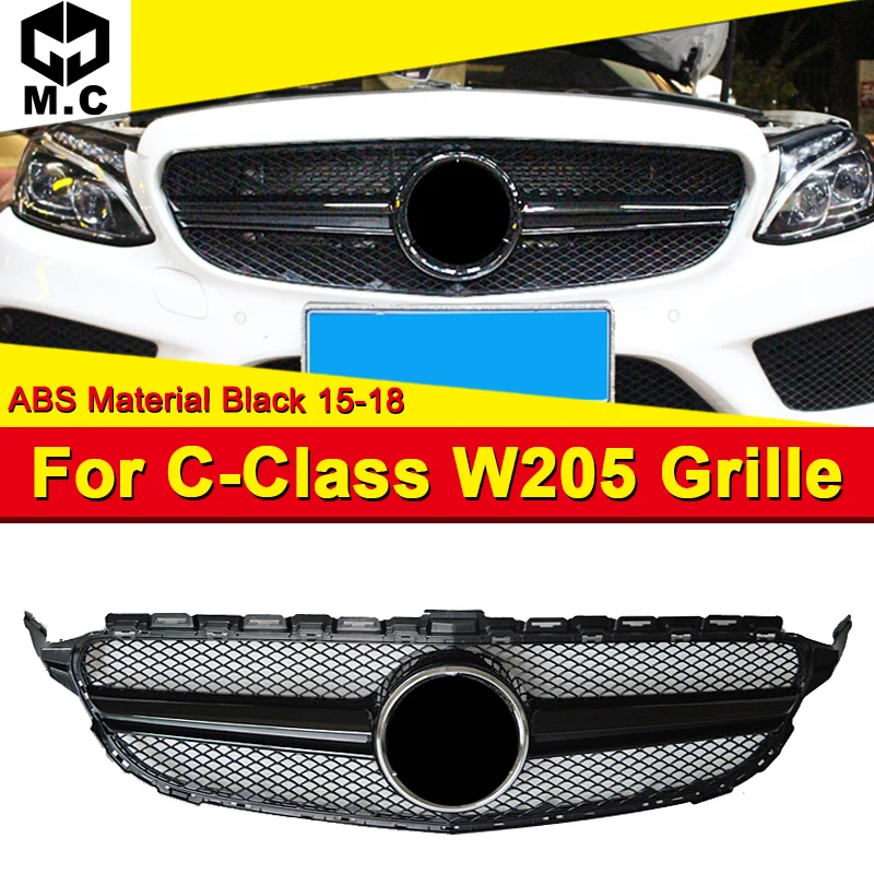 

W205 Grills Front Grill ABS Gloss Black Fits For MercedesMB C-Class W205 Sports C180 C200 C250 Front Bumper Grille Mesh 2015-18