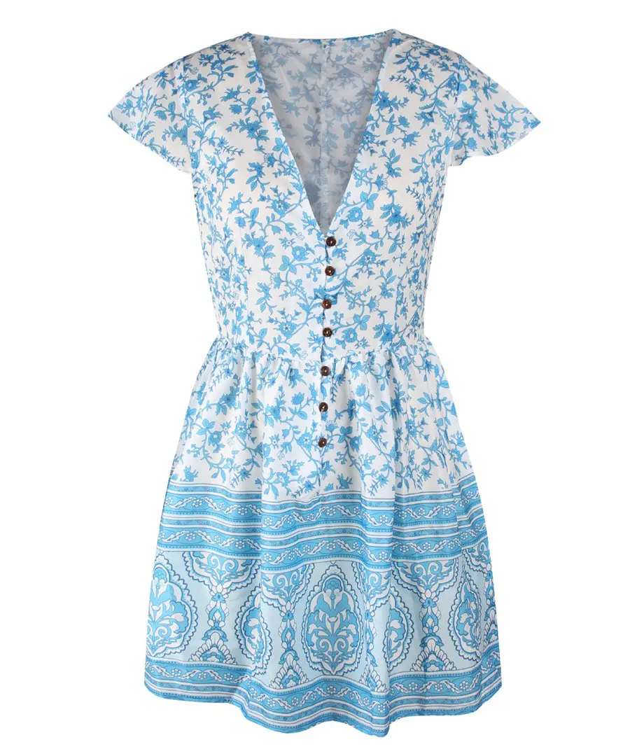 Gladiolus Fashion Summer Women Dress Short Sleeve Button Deep V Neck Sexy Floral Print Mini Boho Dress 2019 Ladies Beach Dresses (39)