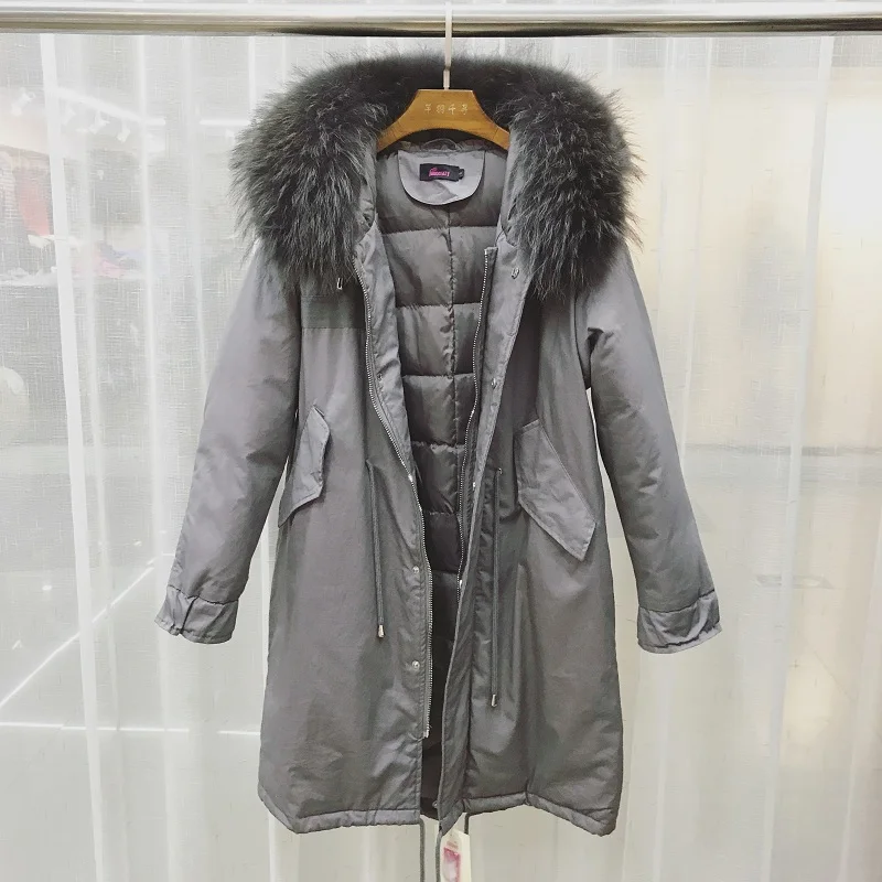 Le Vers Grand Parka D'hiver La Canard Noir Laveur Chaud Plus Capuchon Fourrure Bas Femmes Femelle Naturel 2018 Long Veste Blanc Taille Raton À gris Réel De Manteau ZBZOrg