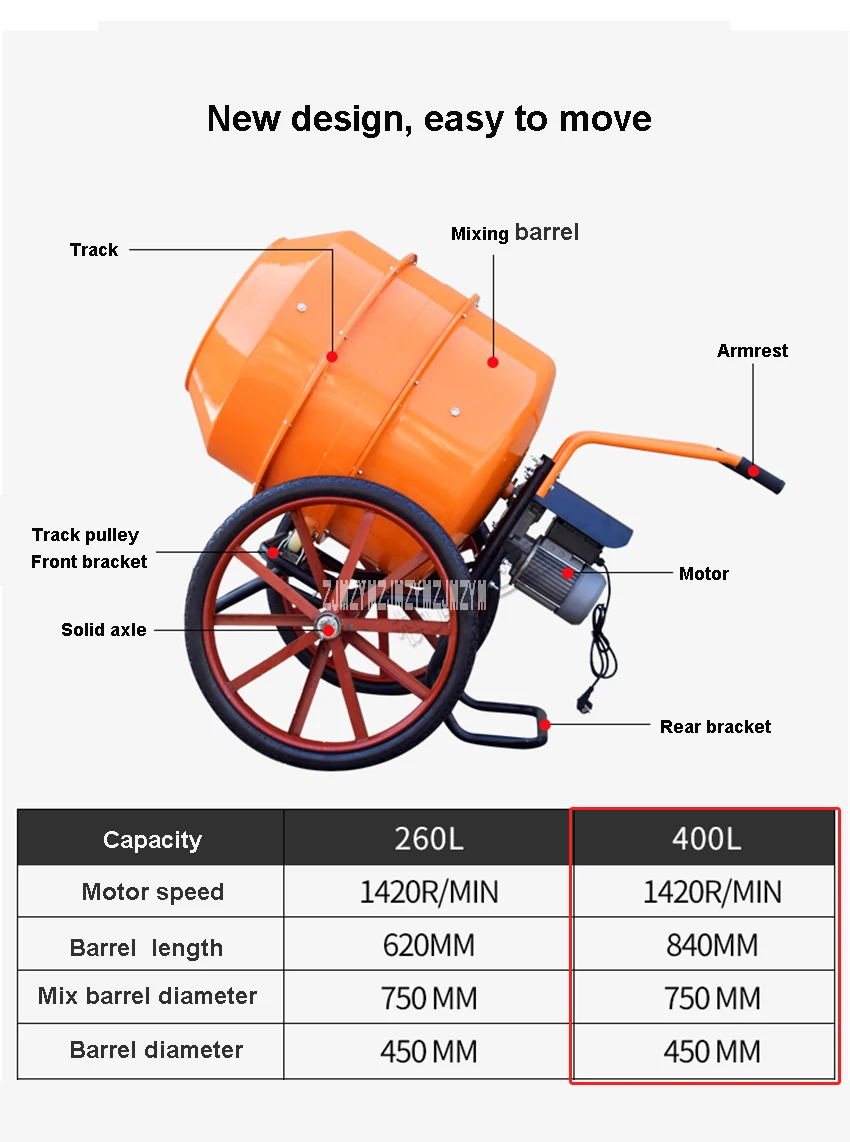 Обновленная небольшая Бытовая Бетономешалка на строительной площадке Бетономешалка электрическая Подающая смесительная машина 220 В 650 Вт 400л 22об/мин