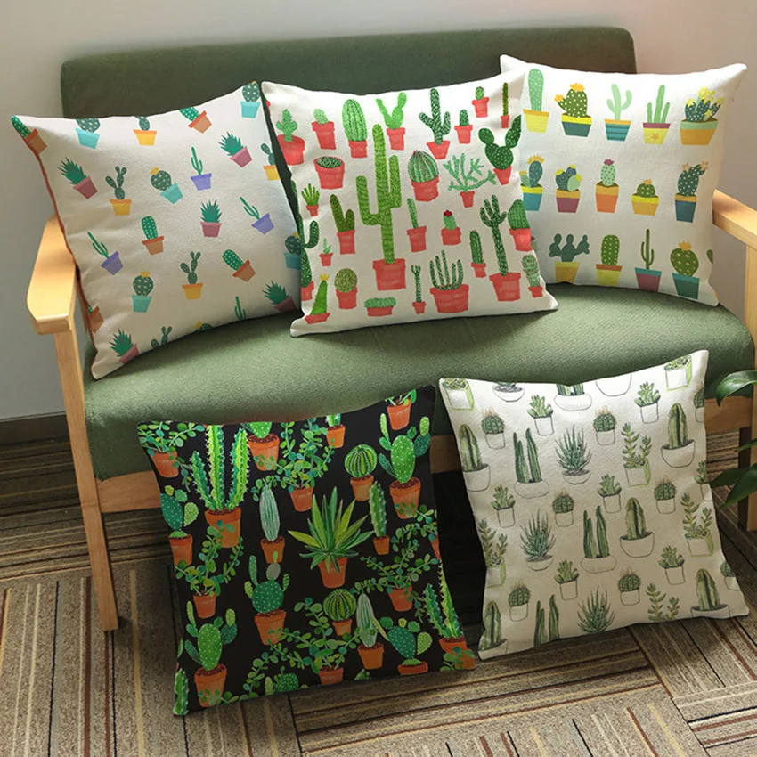 

Pot Plant Cactus Print Seat Throw Pillows Tropical Desert Plants Cotton Linen Square Home Decorative Sofa Cushion Pillow 45x45cm