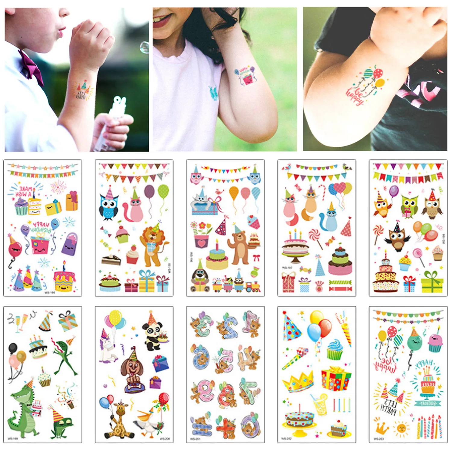 

10PCS Colorful Cartoon Temporary Tattoos Waterproof Removable Sticker Tattoos for Girls Kids Birthday Party 4.1 x 2.4inch