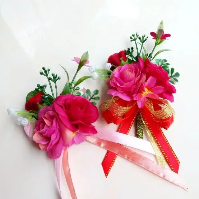 New Free shipping bride bridegroom hot pink wedding silk wrist corsage