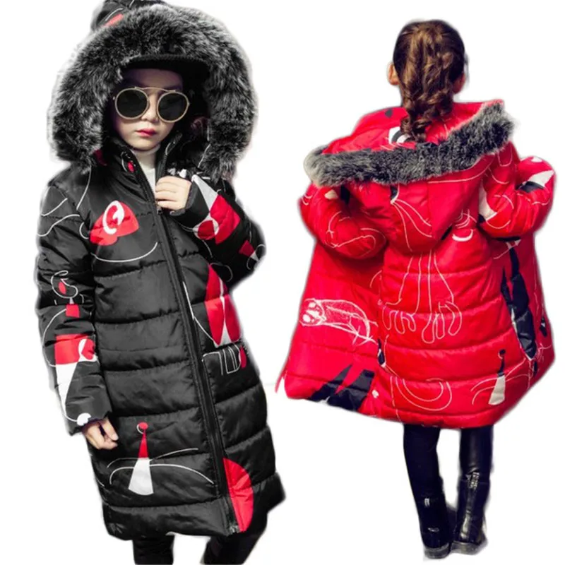 

Winter Children Hooded Faux Fur Collar Cotton Jackets Girls Long Printing Coats Outerwears Kids Warm Thick Windproof Parkas P222
