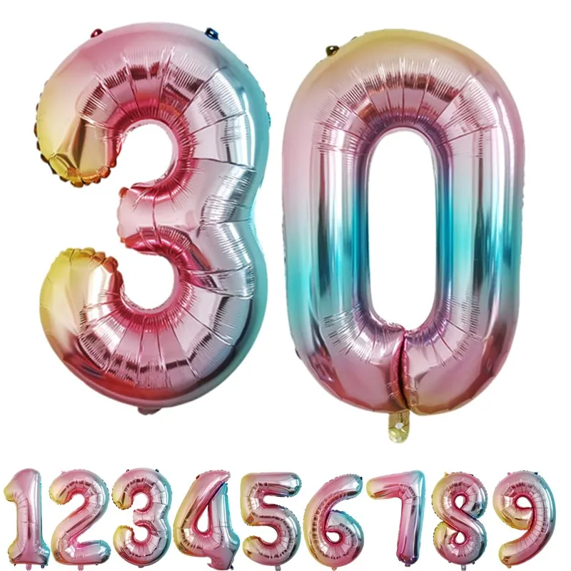 

32inch Gradient Ball Number Heart Foil Balloons Rainbow Digit Birthday Party Decorations Kids Figure Wedding Balloon Baby Shower