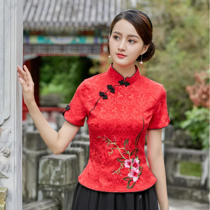 

Sheng Coco 4XL Jacquard Cotton Camisa China Mujer Chinese Style Embroidery Cotton Cheongsam Blouse Women Qipao Shirts Red Pink