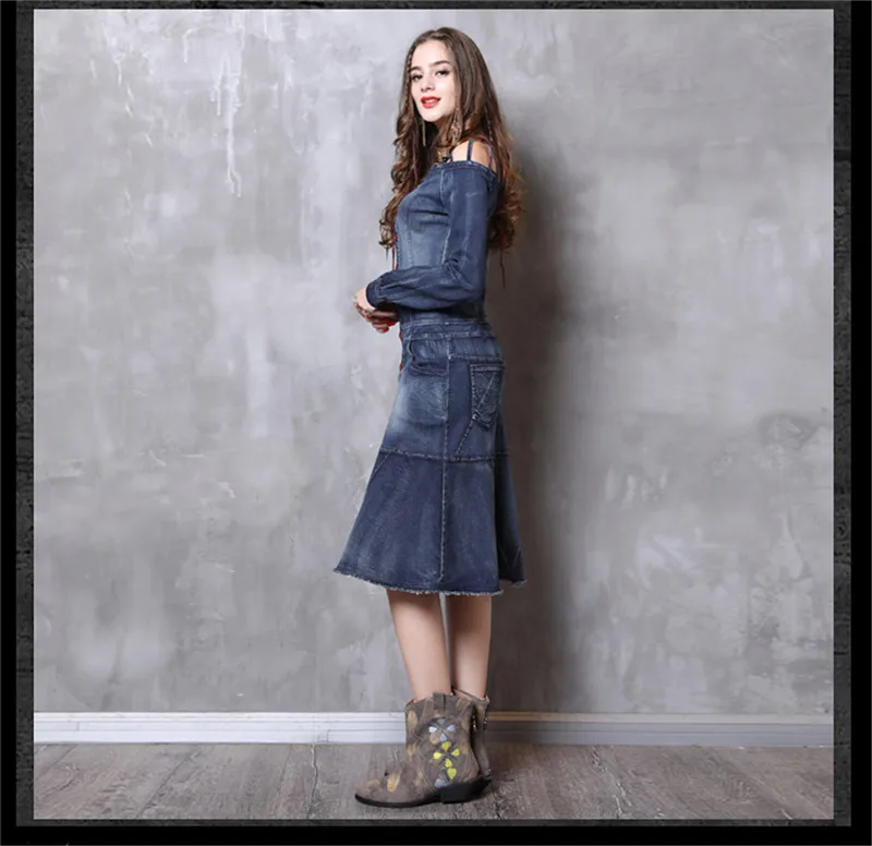 Vintage Autumn Cheongsam Dress Women 2018 New Denim Dresses Chinoiserie Ruffles Mandarin Collar 34 Sleeve China Style Dress (16)