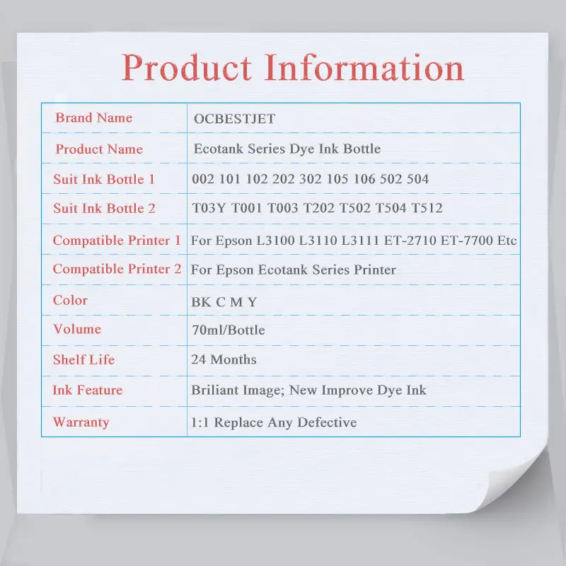 103 Refill Dye Ink For Epson Eco-Tank L1110 L3100 L3110 L3111 L3116 L3150 L3151 L3156 L3160 L5190 Inkjet Eco Tank Printer