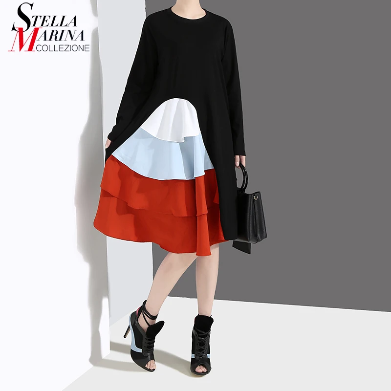 

New 2019 Korean Style Women Long Sleeve Autumn Dress Black Cascading Ruffles Female Casual Patchwork Party Dress Robe Femme 4660