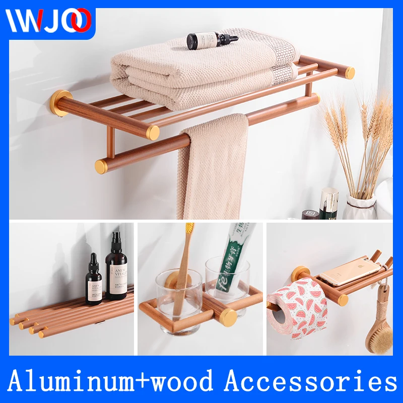 

Towel Holder Aluminum Wood Towel Rack Hanging Holder Double Towel Bar Wall Mounted Bathroom Shelf Creative Toilet Paper Holder