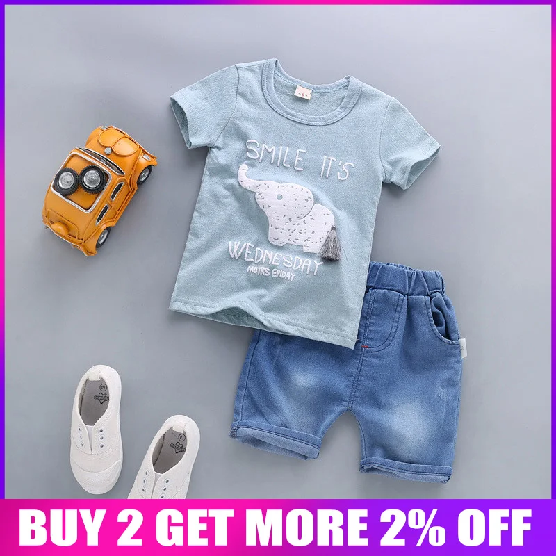 

BibiCola Summer Boys Clothing Sets New Fashion Baby Boys Clothes Cartoon Elephant T-Shirt+Denim Pants 2PCS Kids Clothes