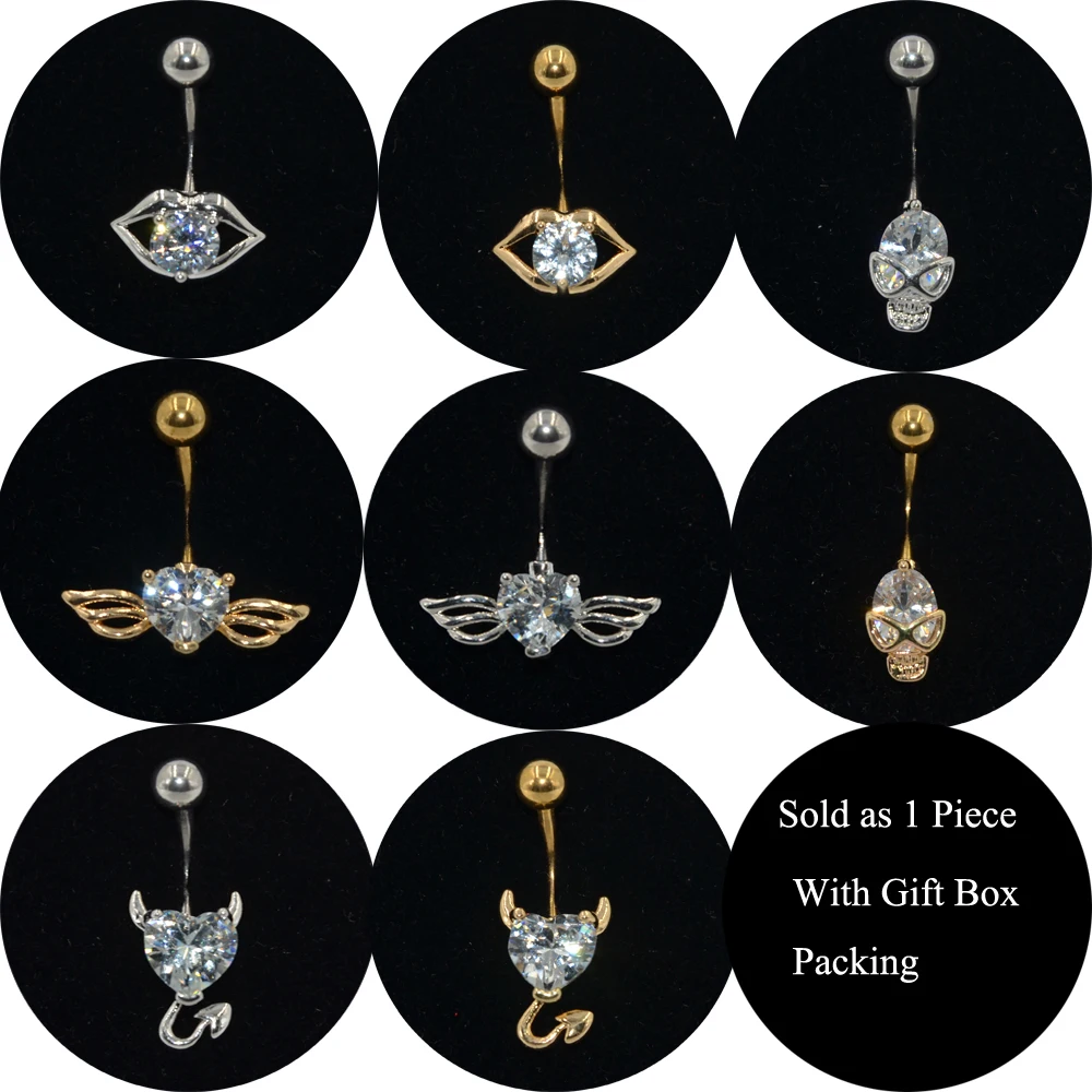 

1pc Lovely Belly Button Rings Surgical Steel Gold Mouth Skull Wing Desgin Clear Zircon Navel Ring Piercing Body Jewelry