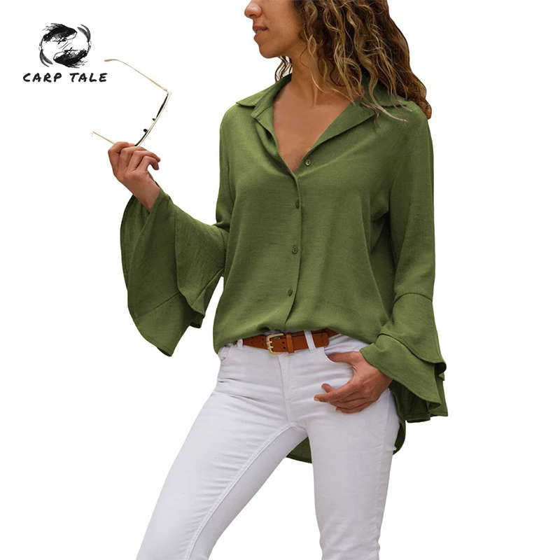

Fashion women's blouse solid color lapel breathable single row button double layer ruffled horn long sleeve large size shirt