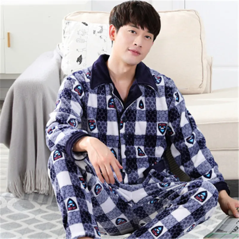 Fashion Casual Men's Sleepwear Men Winter Pajamas Sets Coral Fleece Plus Velvet Thick Warm Sleep