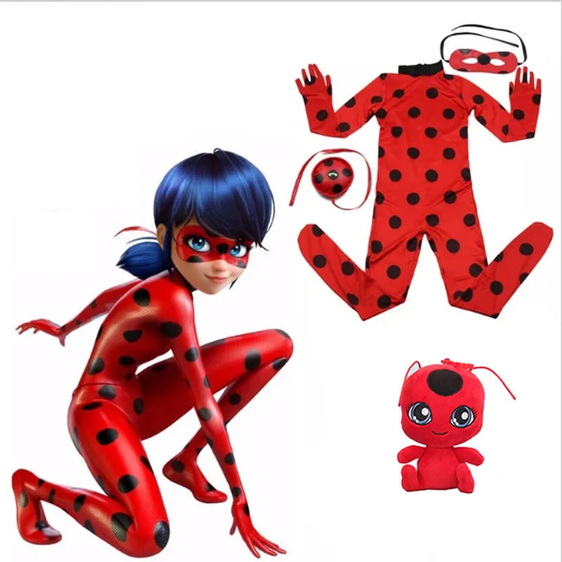 

Ladybug Girl clothes Miraculous Kids Marinette Cartoon Second Skin Halloween Party costumes Suit cosplay costumes+mask+bag+toy