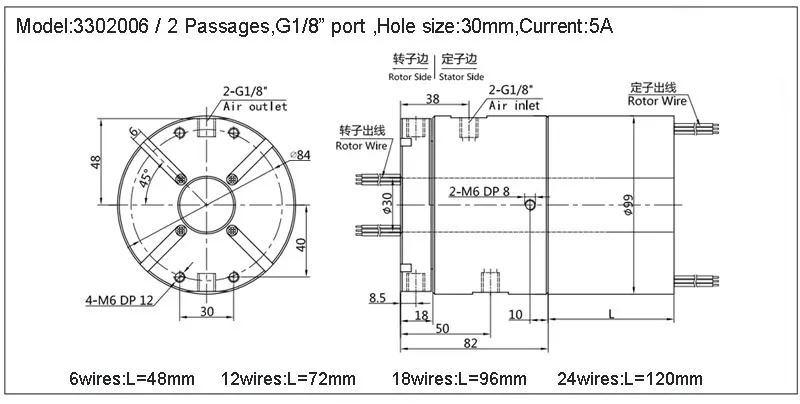 Отверстие диаметр 30 мм скольжения кольца 2 проходы поворотного 6/12 провода электрические контактных колец 2A/5A Мощность передачи по току С Порты и разъёмы G1/8''