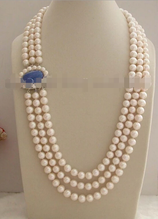 

T7FMI9M KU Free shipping 28-29-30" 3rows Natural 11mm White Round Pearl Necklace lapis clasp #f1524!