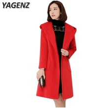 YAGENZ Winter Woolen Women Jacket 2017 Korea Slim Elegant Long Outerwear Plue size Solid Warm Hooded