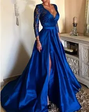 2019 Long Sleeve High slit Formal Evening Dresses Royal Blue Plus Size Sexy V-Neck Lace Long Sexy V-Neck Lace Long Party Prom Dr v neck slit sleeve high low blouse