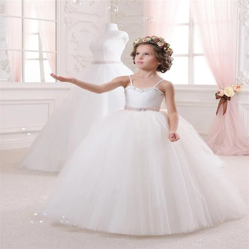 

New White Solid Flower Girls Dresses for Wedding Beads Ruched Kids Crystal Ribbon Bow Long Girls Pageant Gown