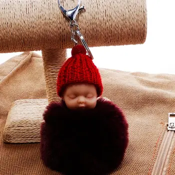 

100pcs/lot 8cm Hot Sell Pompom sleeping baby doll Keychain Lovely Key Chain Fluffy Artificial no Rabbit Fur Ball Car Bag Keyring