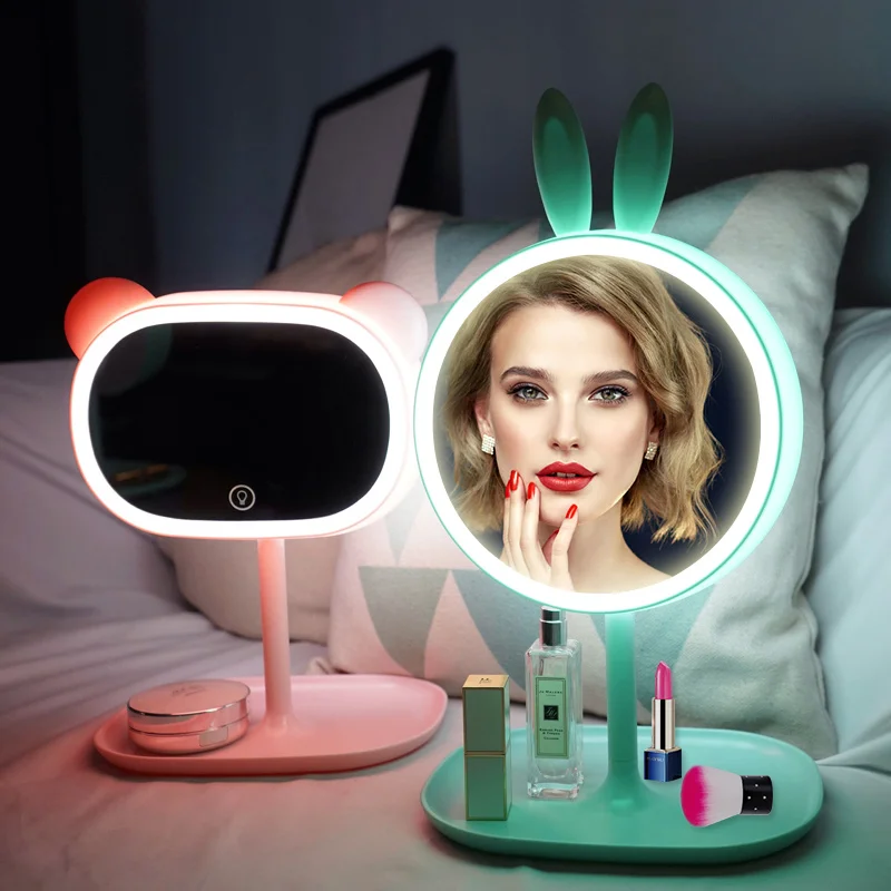

Blue Makeup Mirror with Light Cosmetics Holder Bedroom Table Lamp Night Light Multifunction Adjustable 180 Degree Rotating