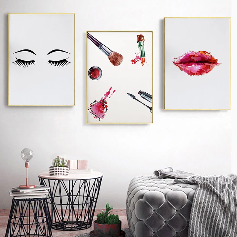 Fashion Wall Art Decor Eyelashes Lipstick Beautiful Illustration Salon