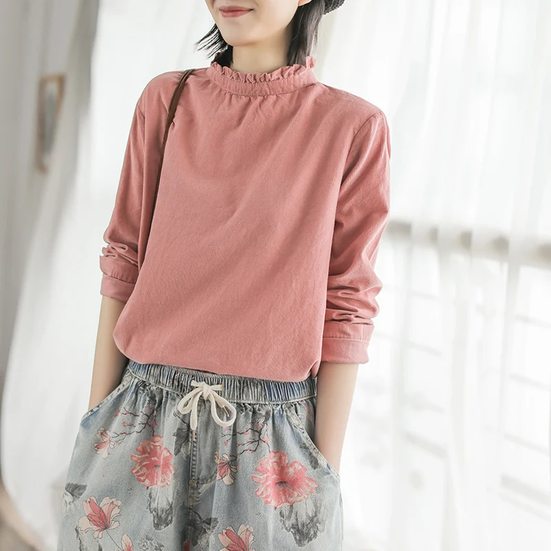 

Johnature 2019 Spring New Corduroy T-Shirts For Women Solid Color Long Sleeve Vintage Fold Mori Girl Casual Sweet T-Shirts