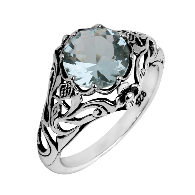 Szjinao ювелирные украшения Мода границы цветы обручальное кольцо 3ct Аквамарин для женщин 925 пробы Серебряное кольцо