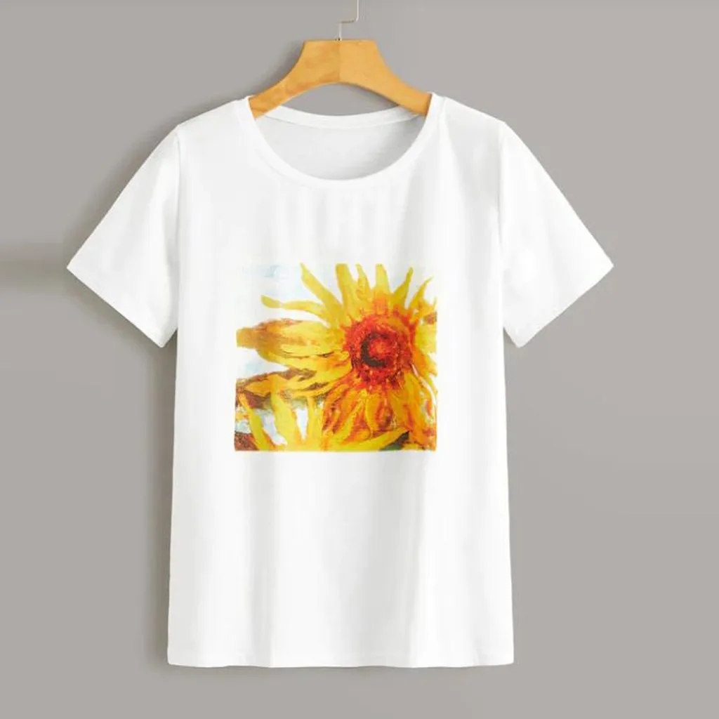 

T Shirt Women Fashion Leisure O-Neck Short Sleeve T-Shirt Tops Chrysanthemum