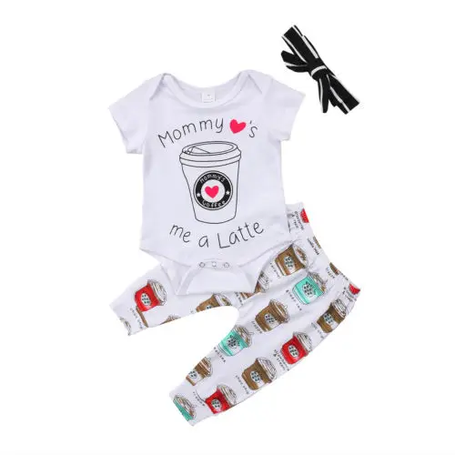 

Newborn Kid Baby Girl Mommy's coffee Cup Jumpsuit + Coffee Pants Outfit Set 2pcs Baby Clothing