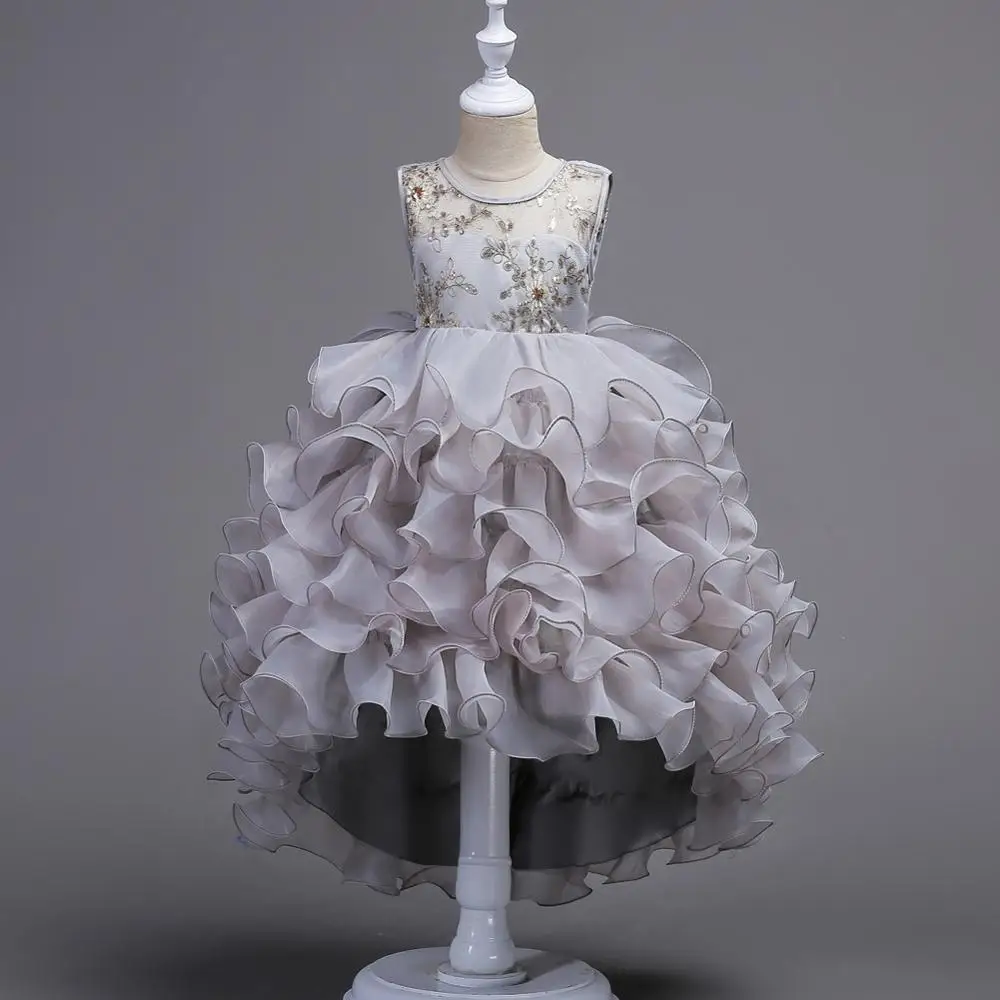 JaneyGao платье с цветочным узором для девочек для Свадебная вечеринка элегантное короткое спереди и длинное сзади Многоуровневое платье для девочек для выпускного вечера платье для первого причастия - Цвет: Серый