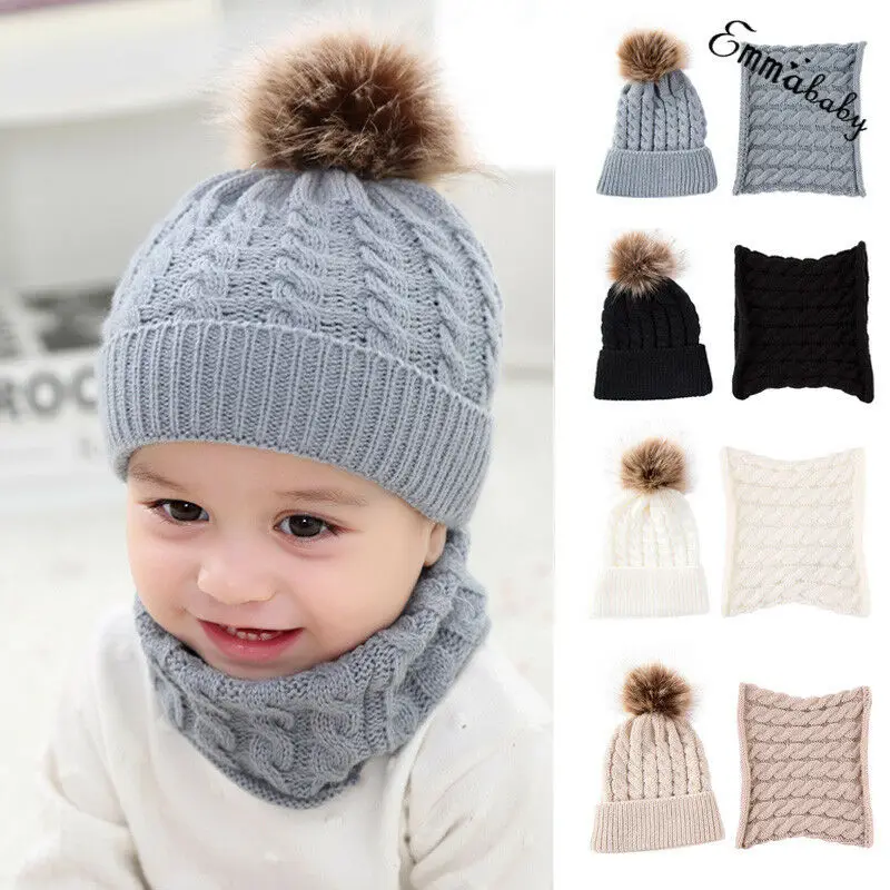 Осенняя шапка для маленьких мальчиков и девочек, меховая шапка с помпоном, зимний теплый вязаный шапка с помпоном, шарф, мягкий материал, модная шапка для новорожденных