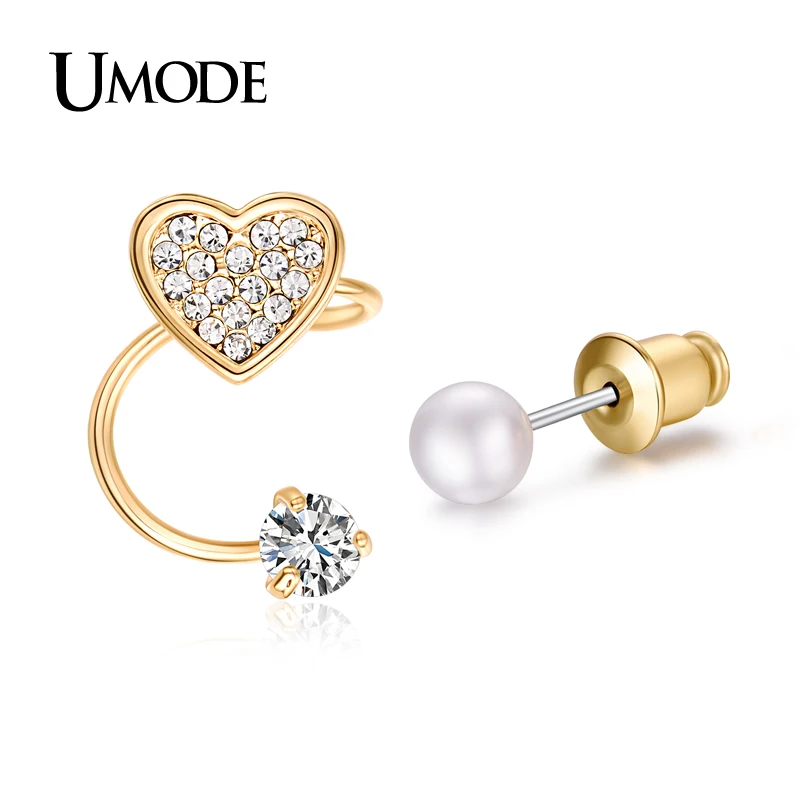 font b UMODE b font Trendy Ear Cuff Gold Plated Simulated Pear CZ Rhinestones Heart