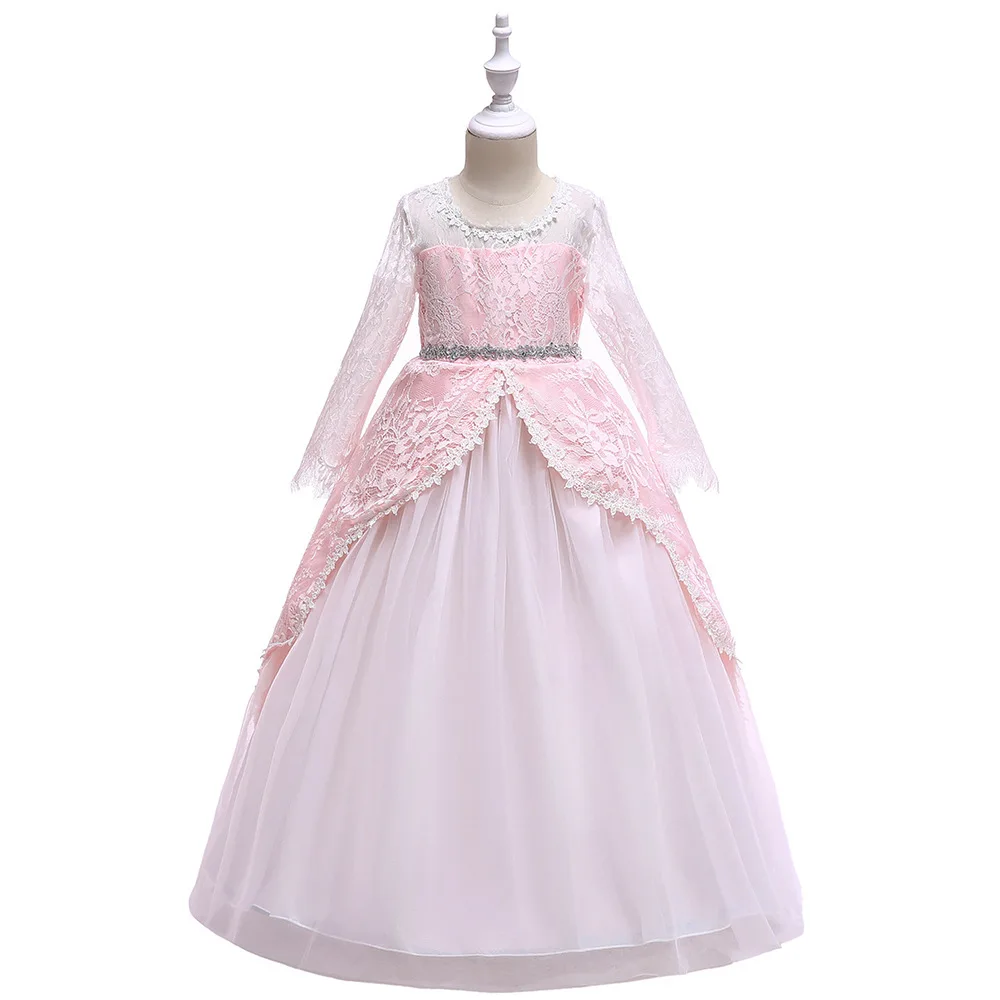 Кружевное платье с длинными рукавами принцесса, для общения платья сетчатые платья для девочек бальное платье для свадьбы, элегантное платье для девочек в цветочек первый нарядная
